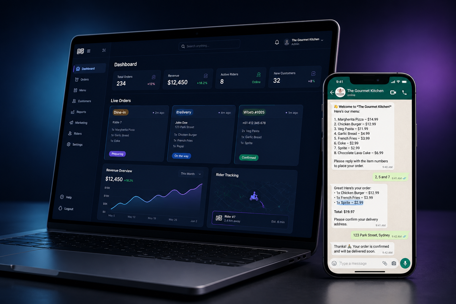 Next Serve restaurant management dashboard and WhatsApp ordering bot on laptop and phone